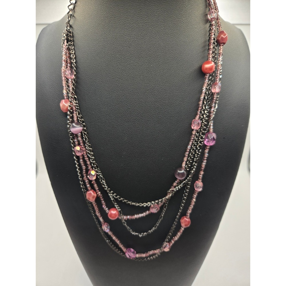 Monet Multi Strand Beaded Layered Necklace Pink Mauve Gunmetal Tone UV Glow